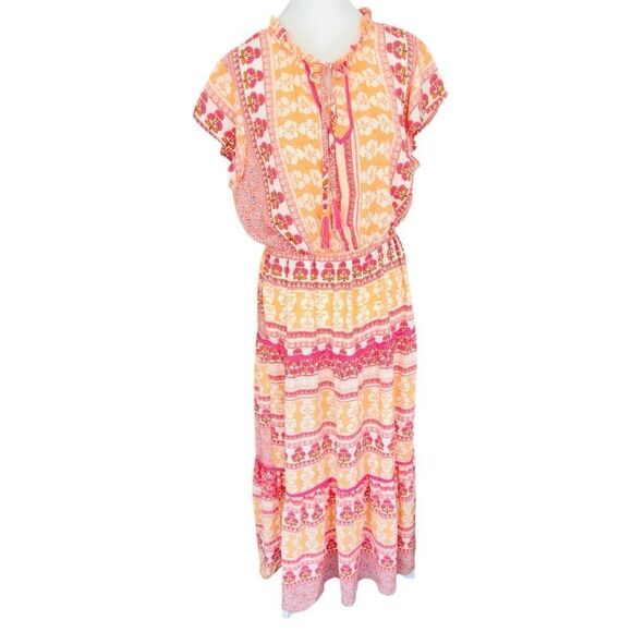 TINSEL tassel tie front flutter sleeve elastic waist tiered ruffle floral maxi - Picture 1 of 8